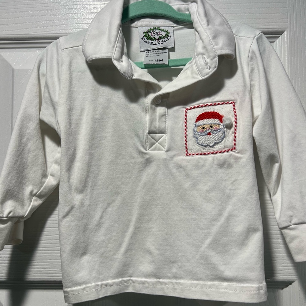 White Kids Shirt with Santa Embroidery, 18M